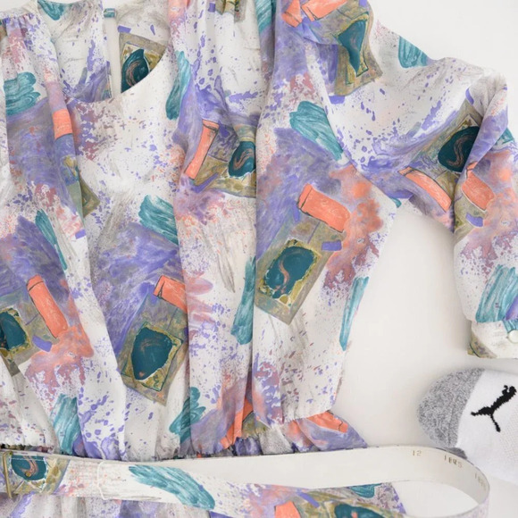 Vintage 90's Leslie Belle White  w Watercolor Abstract Splash Belt Midi Dress 12 - Picture 10 of 15